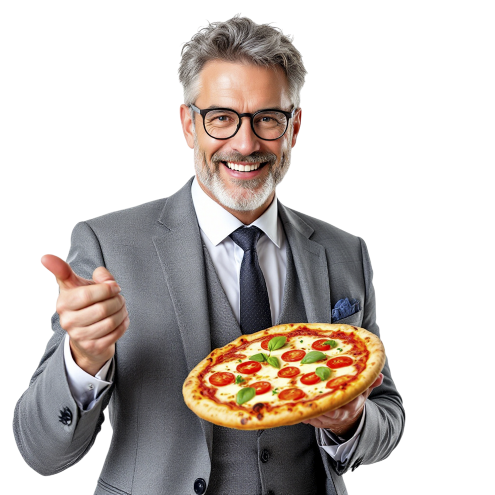 A man in a suit holding a pizza png