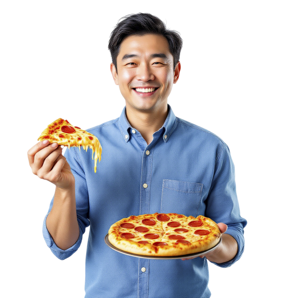 A man holding a pizza and smiling png