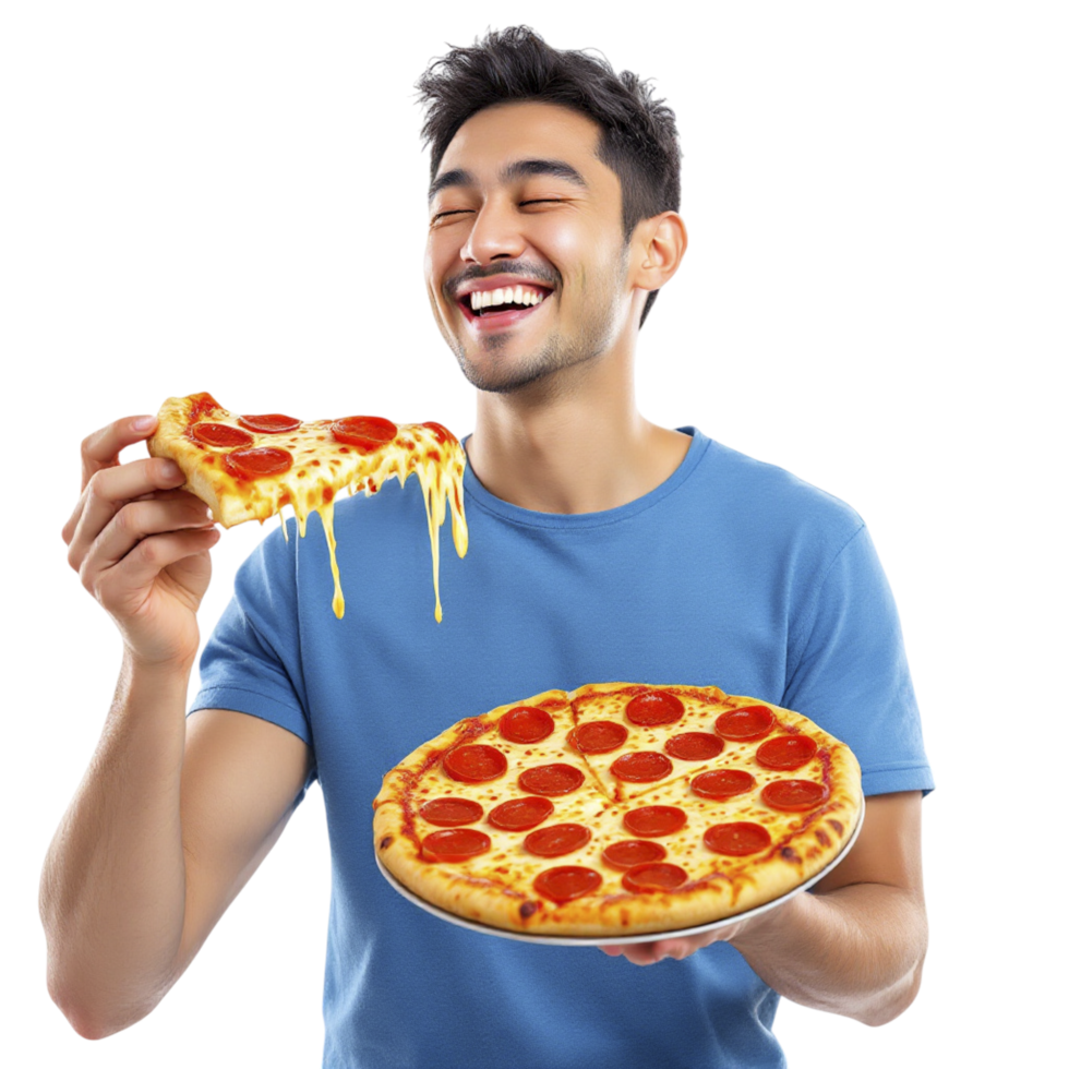 A man is holding a pizza and smiling png