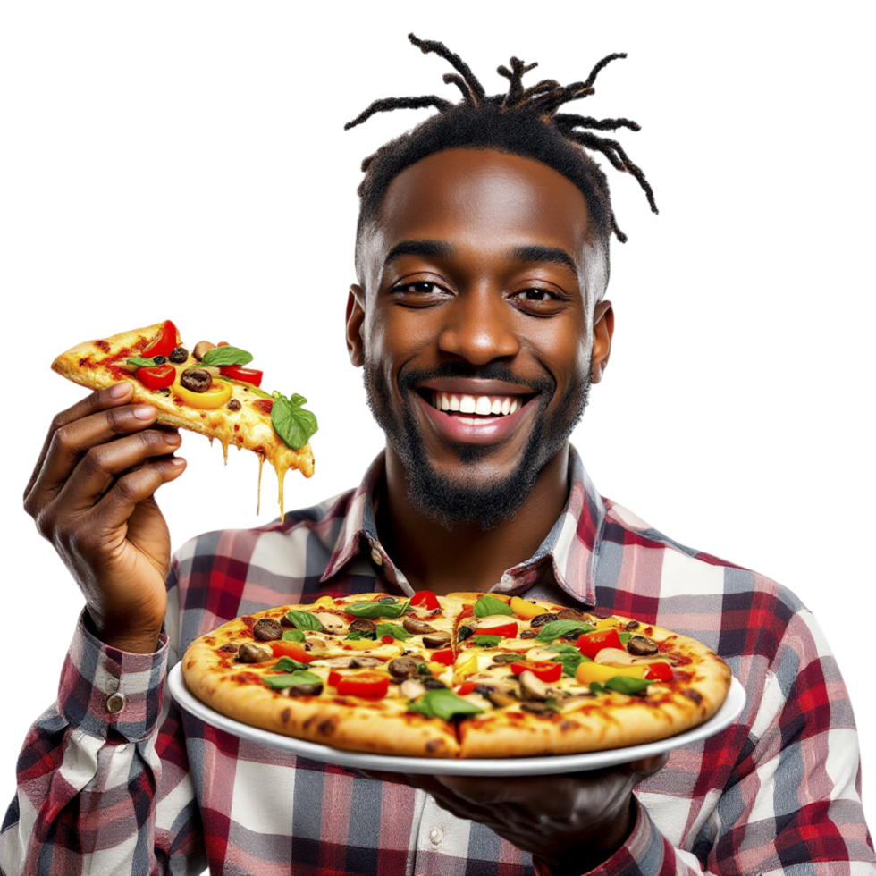 A man holding a pizza with a slice of cheese png