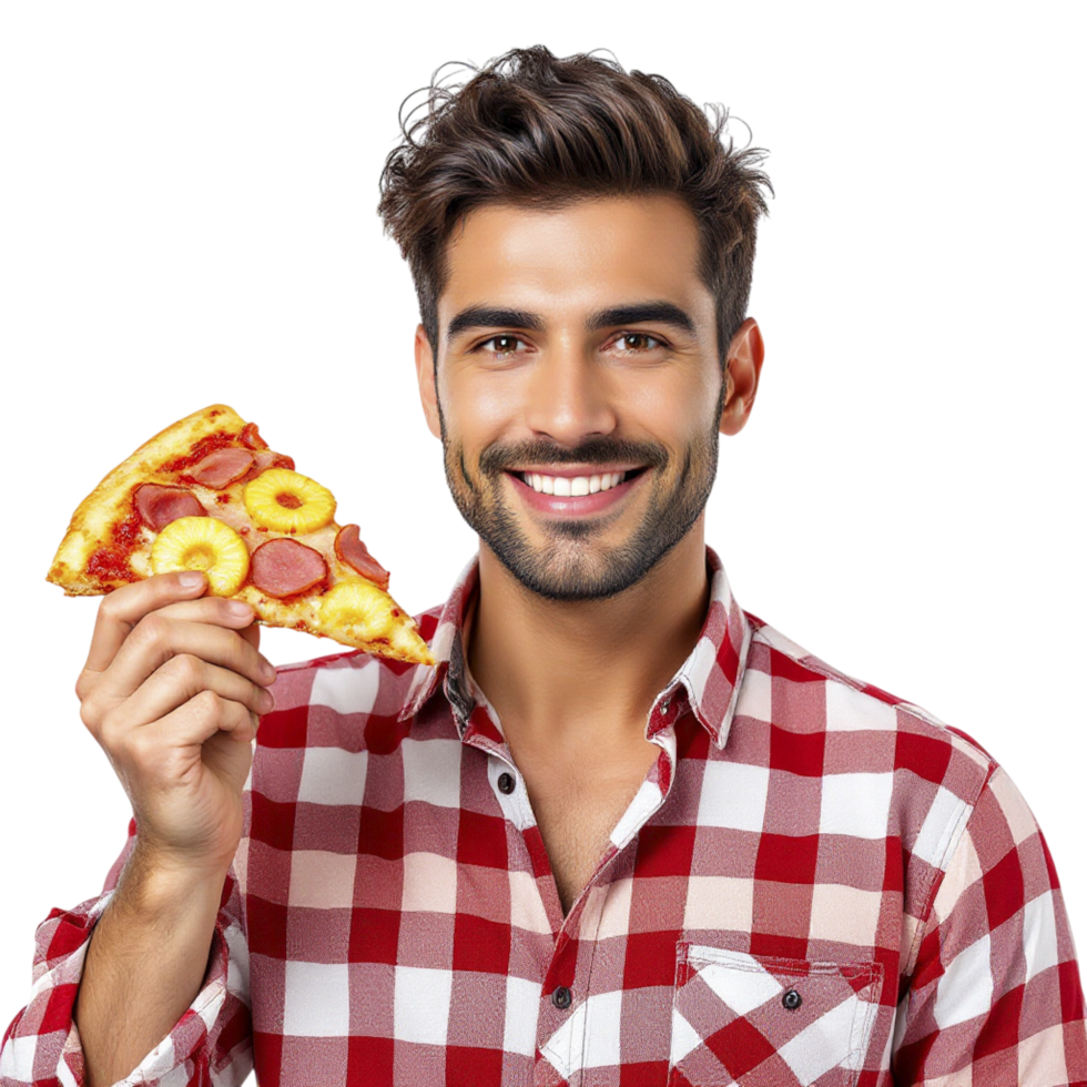 A man is holding a piece of pizza png