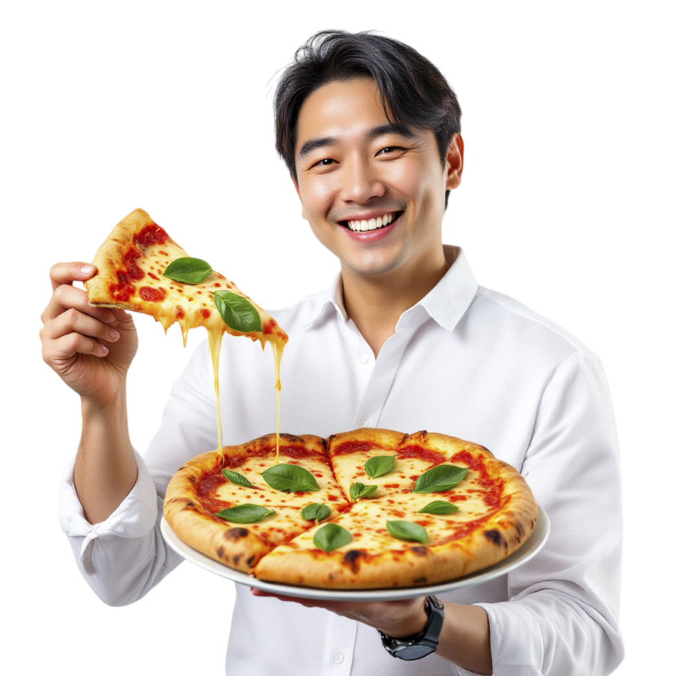 A man holding a pizza with cheese and basil png