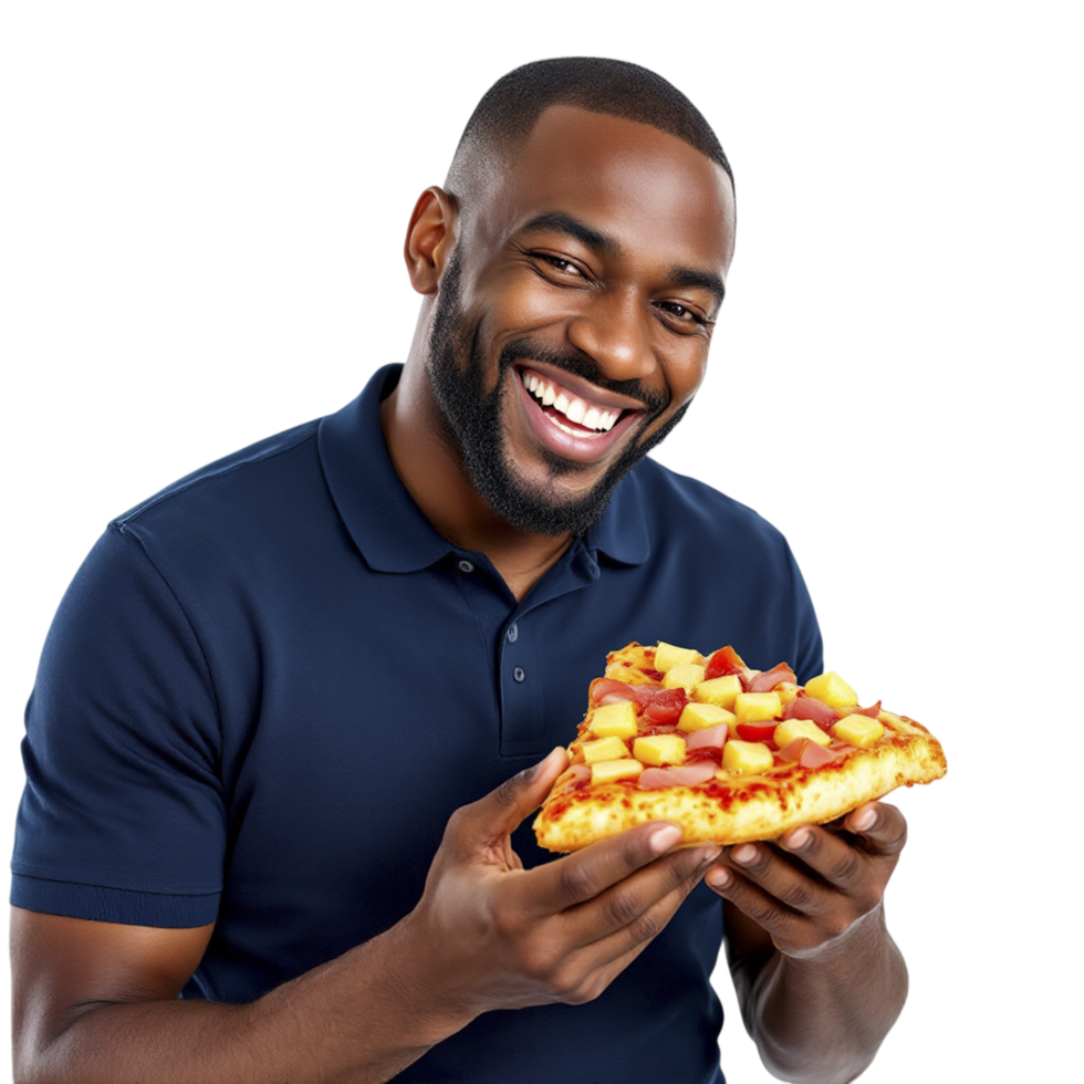 A man is holding a piece of pizza png
