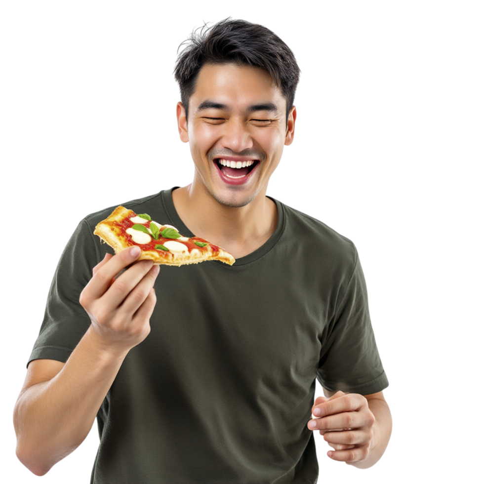 A man is holding a piece of pizza png