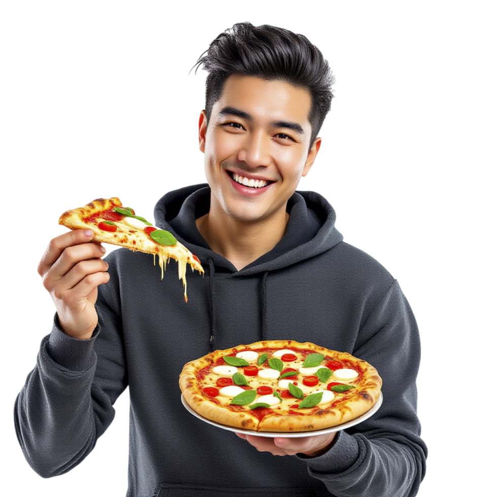 A man in a hoodie holding a pizza png