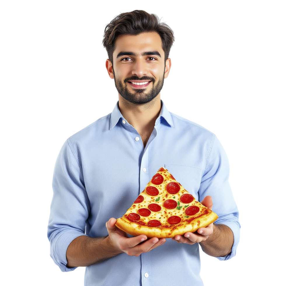 A man holding a slice of pizza png