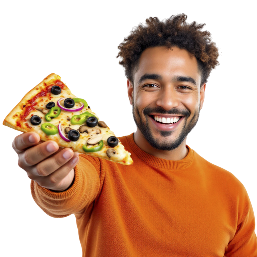 A man is holding up a piece of pizza png