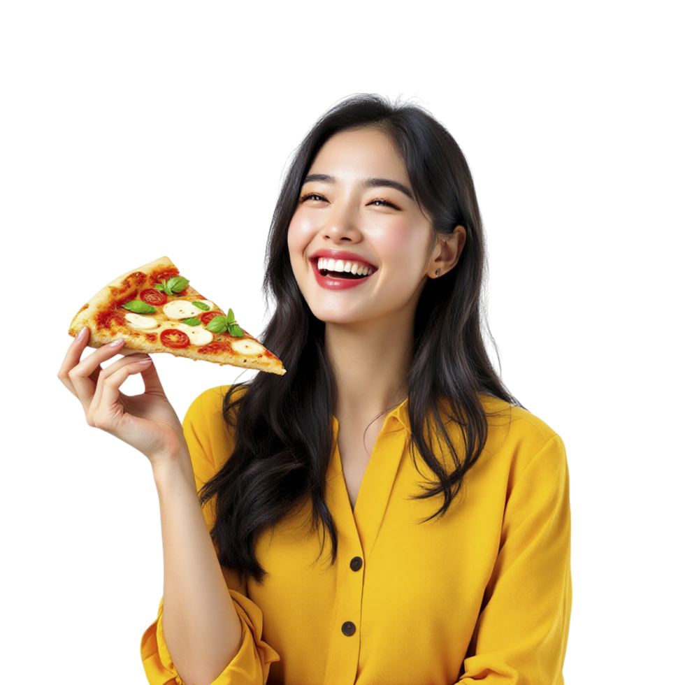 Asian woman holding a slice of pizza png