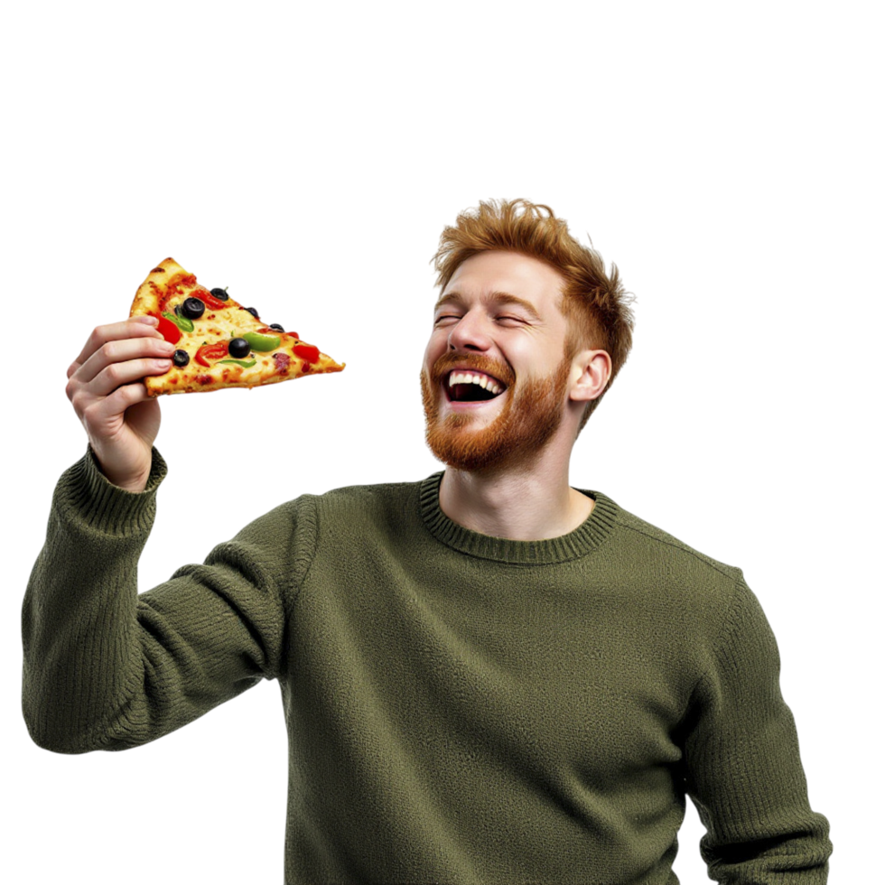 A man is holding up a piece of pizza png