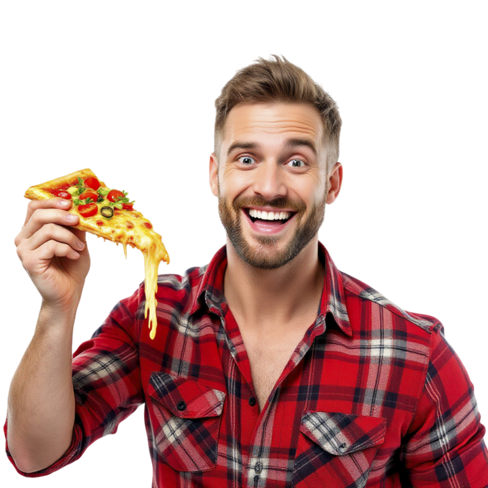 A man holding up a piece of pizza png