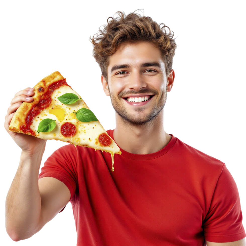 A man holding up a piece of pizza png