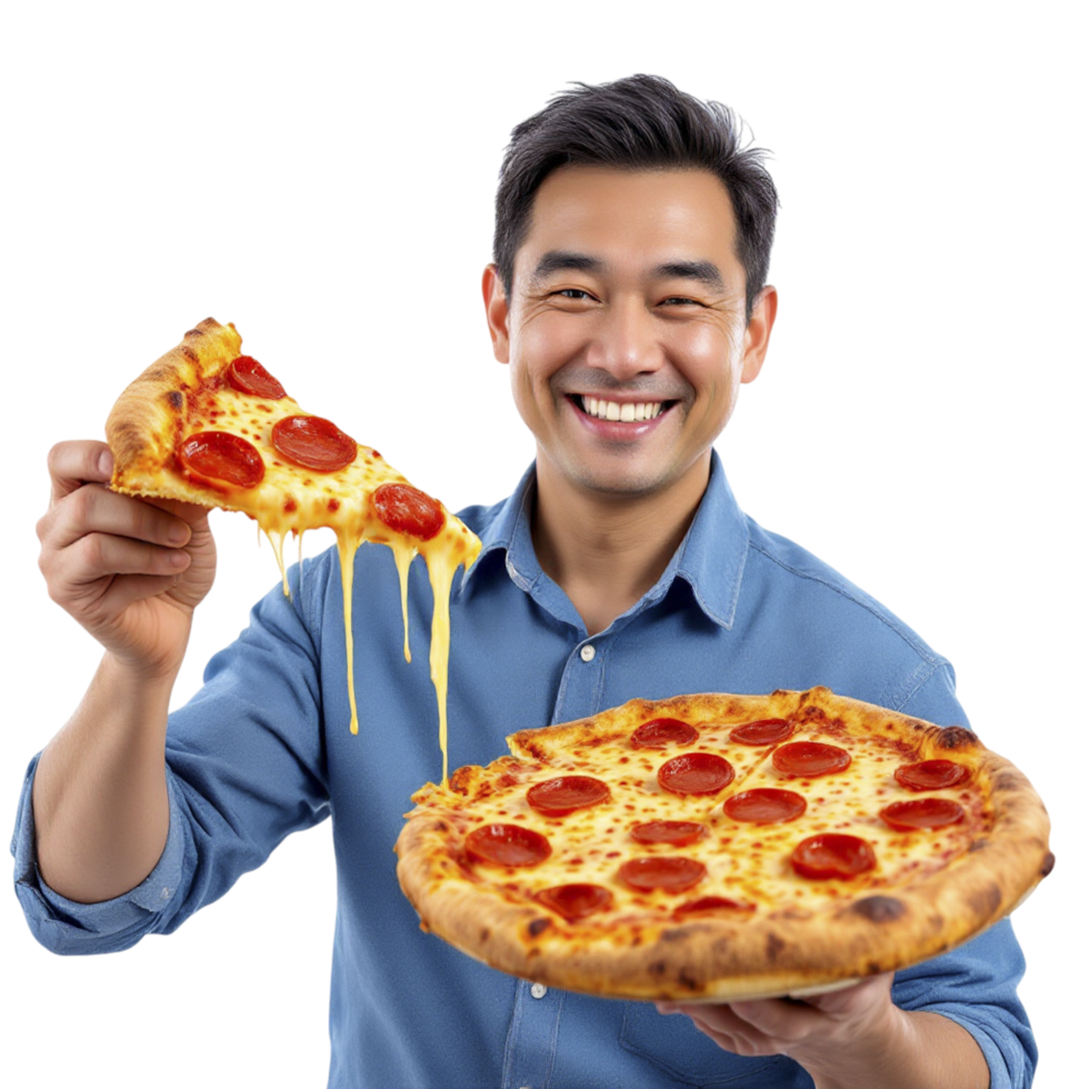 A man holding a large pizza with pepperoni and cheese png