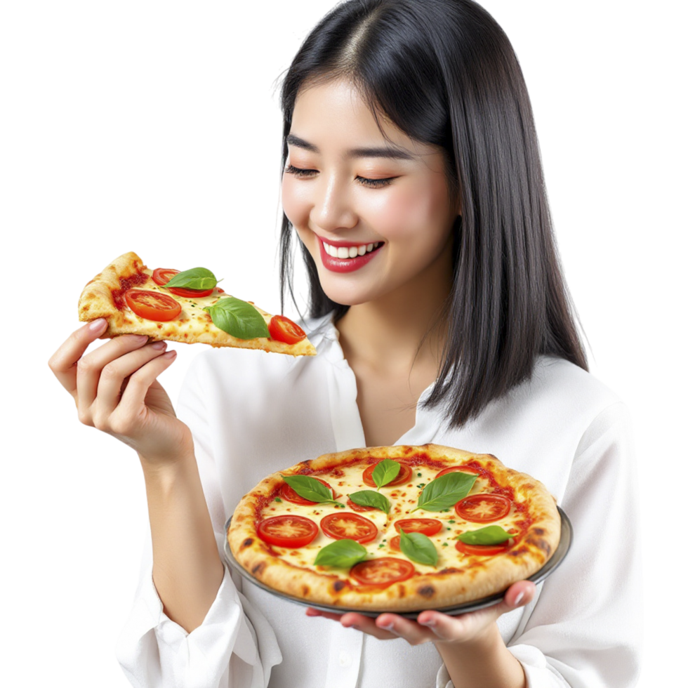 A woman holding a pizza with basil leaves on it png