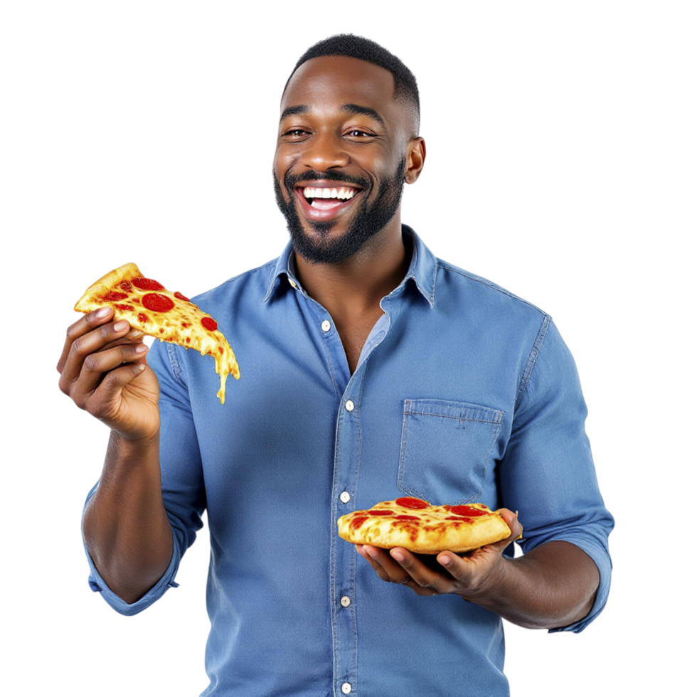 A man holding two slices of pizza png