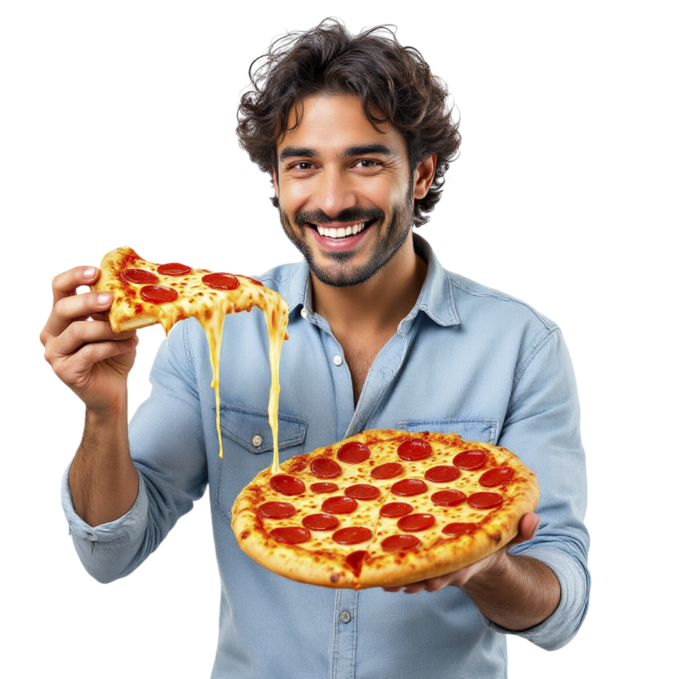 A man holding a large piece of pizza png