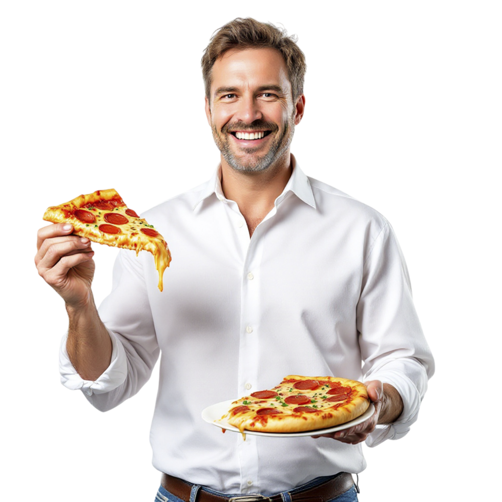 A man holding a plate of pizza png