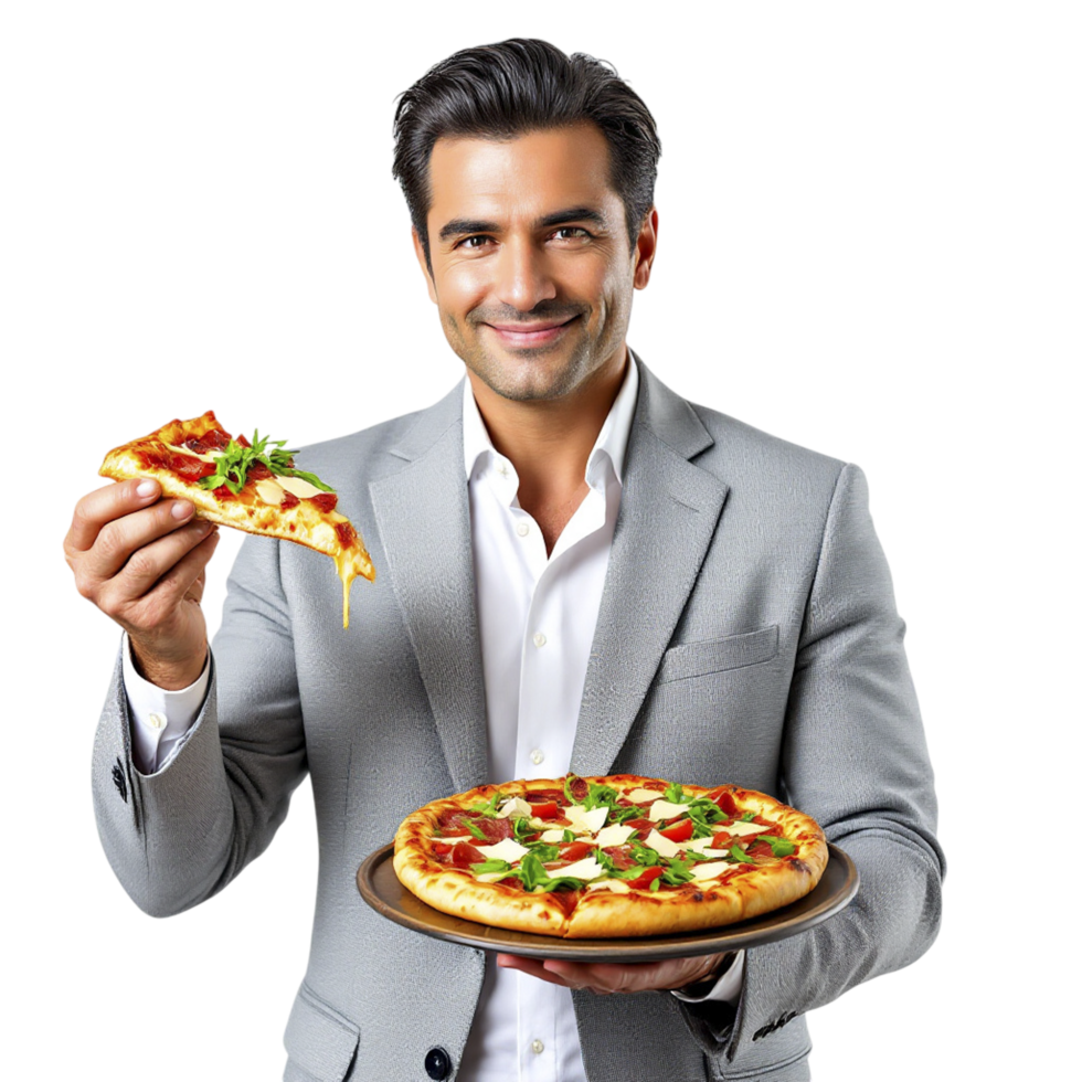 A man in a suit holding a pizza png