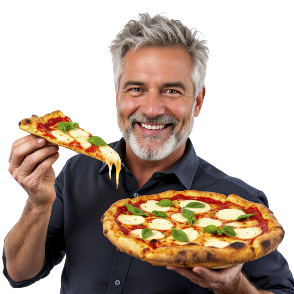 A man with a gray beard holding a pizza png