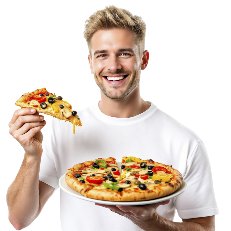 A man holding a pizza with cheese and vegetables png