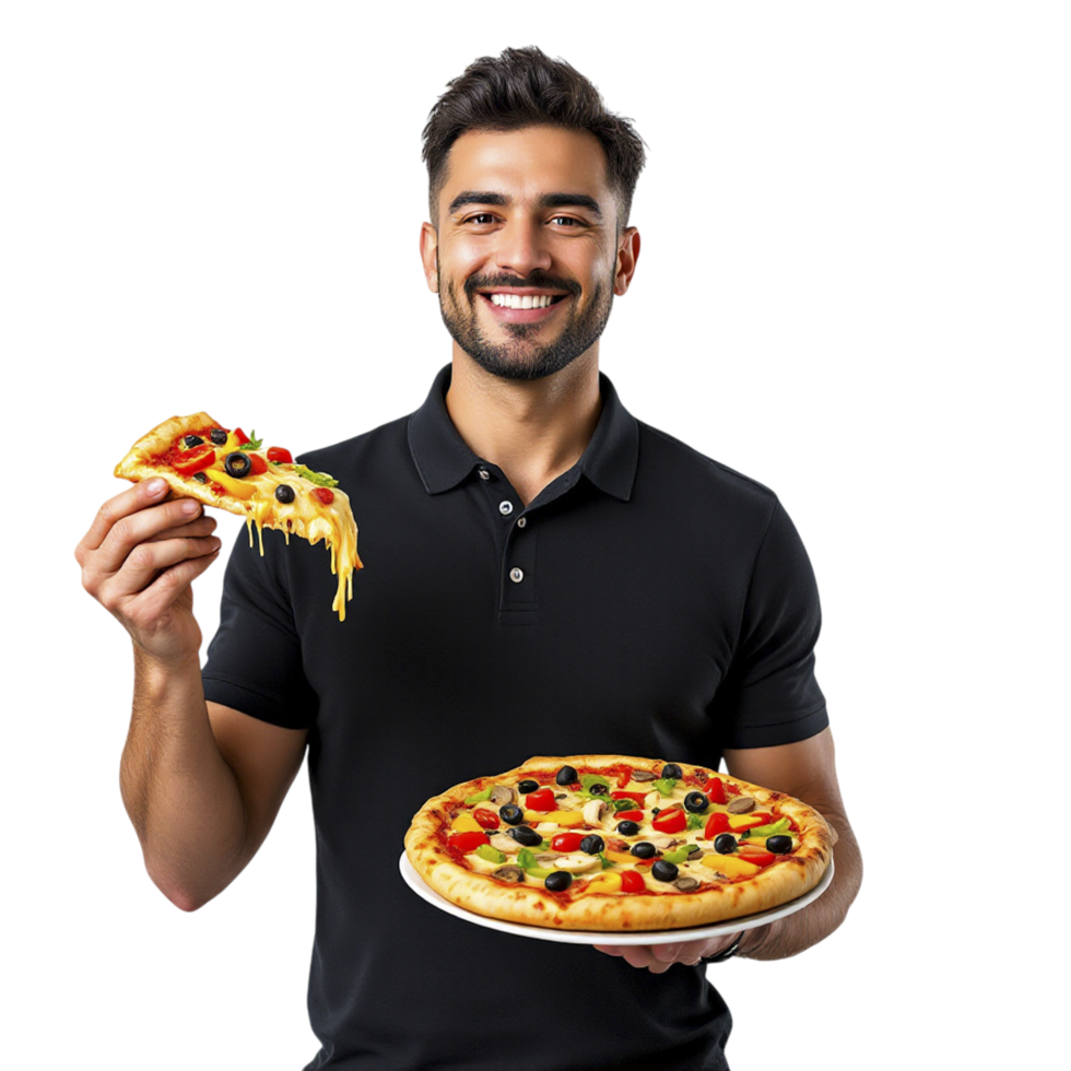 A man holding a pizza and smiling png