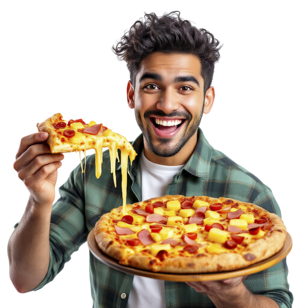 A man holding a pizza with cheese and pineapple png
