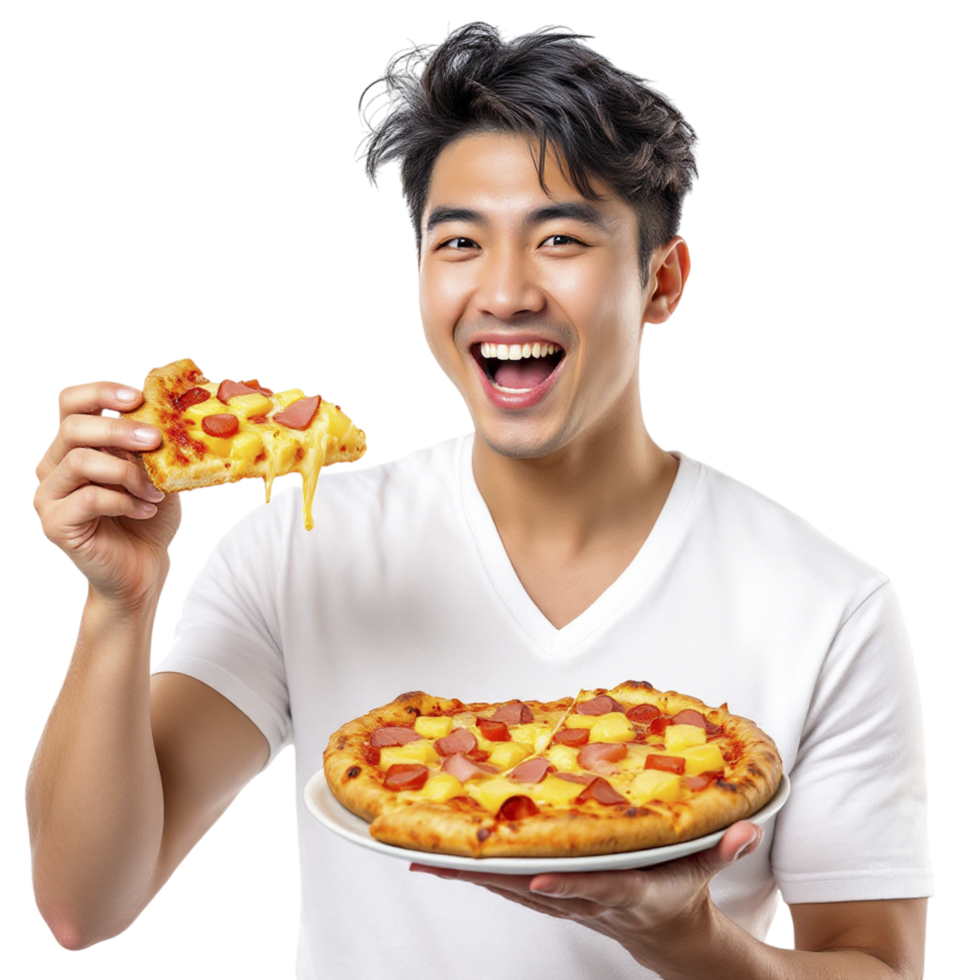 A man holding a pizza with cheese and ham png