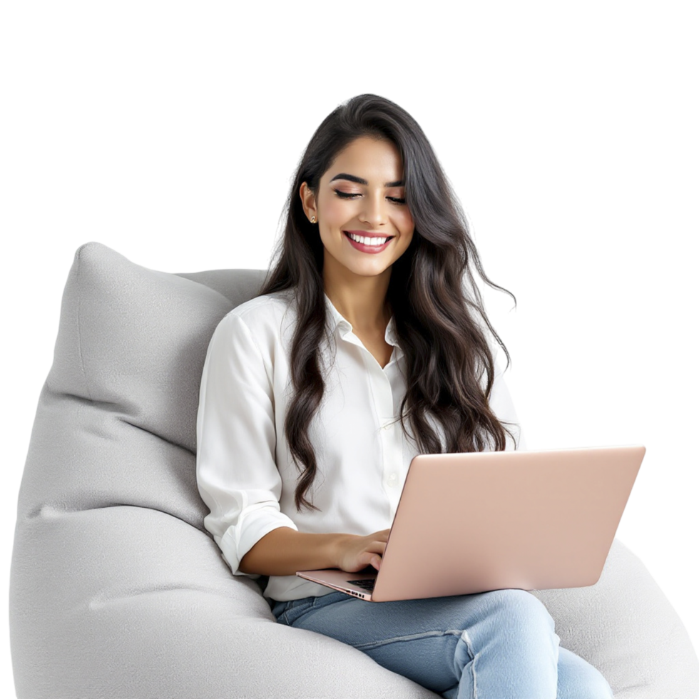 A woman sitting on a bean bag chair with a laptop png