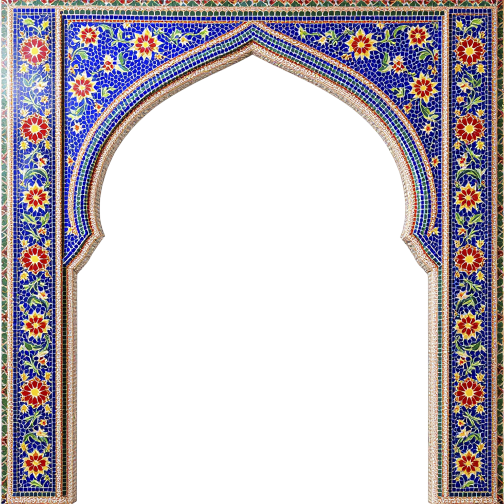 An ornate blue and red tile arch with a flower pattern png