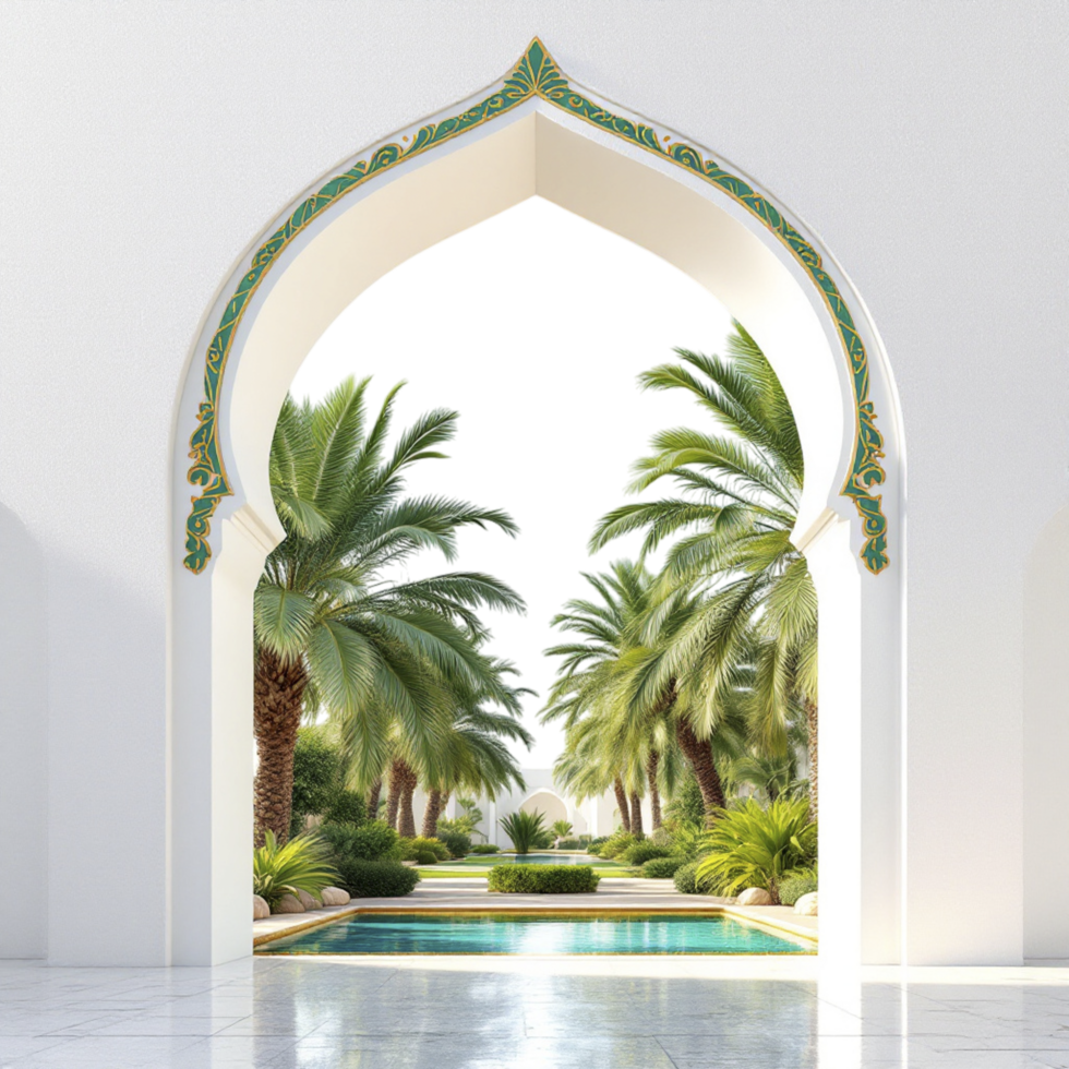 A white archway with palm trees and water png