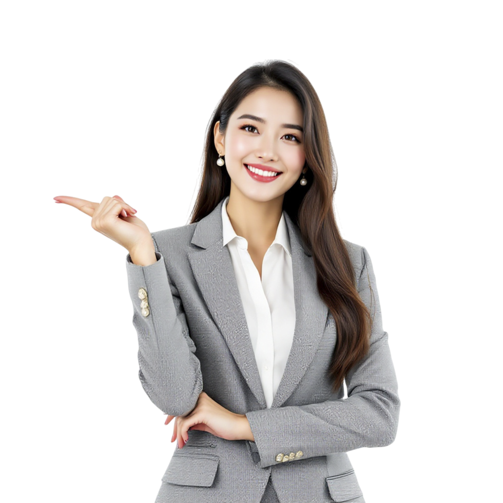 Business woman in suit pointing at something png