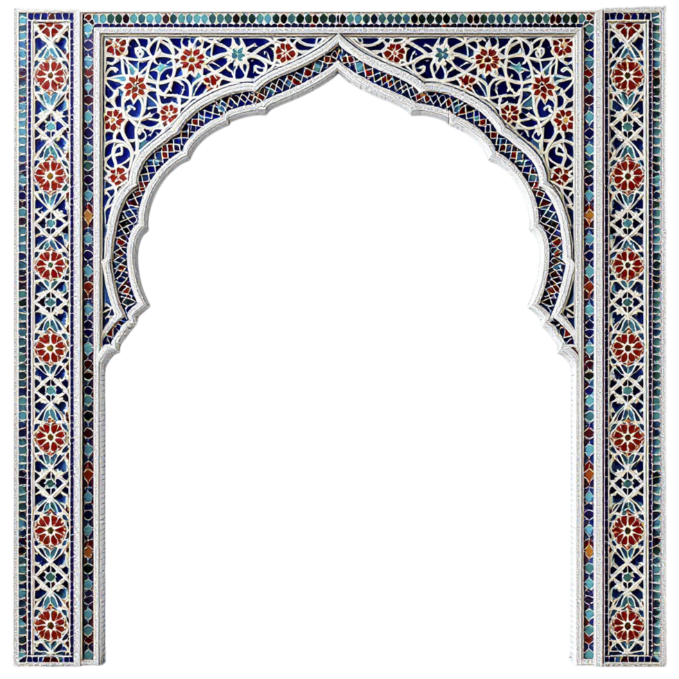 An ornate arched window with a blue and white design png