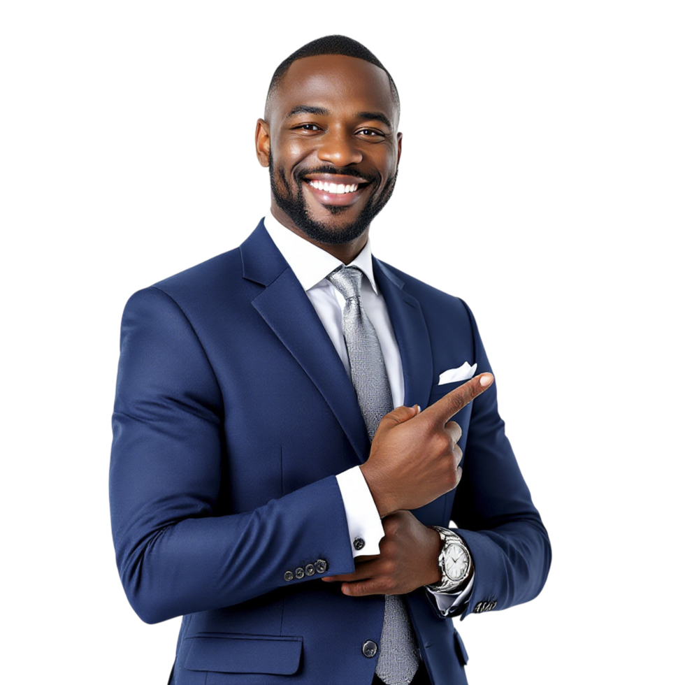 A man in a blue suit and tie is pointing at something png