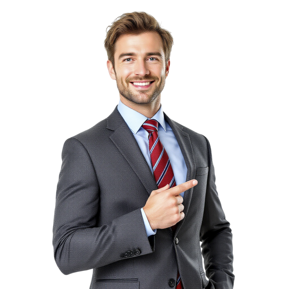 A man in a suit pointing at something png