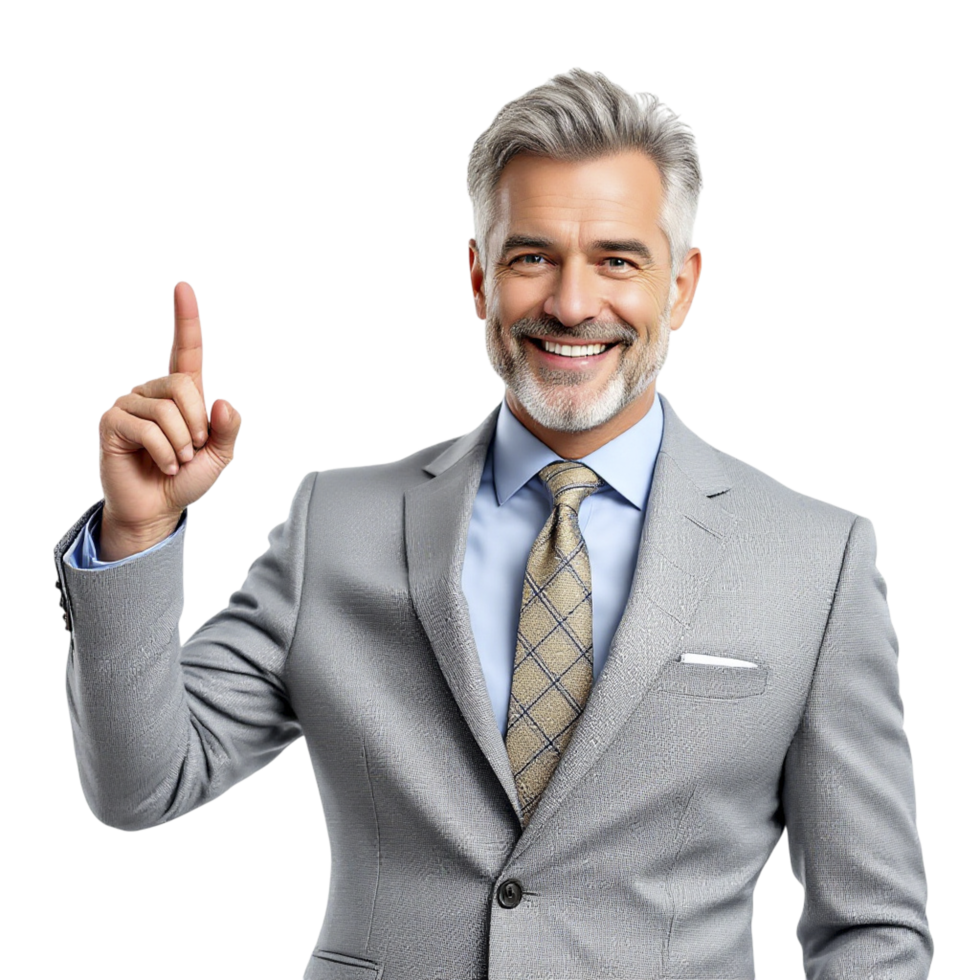 A man in a suit and tie is pointing at something png