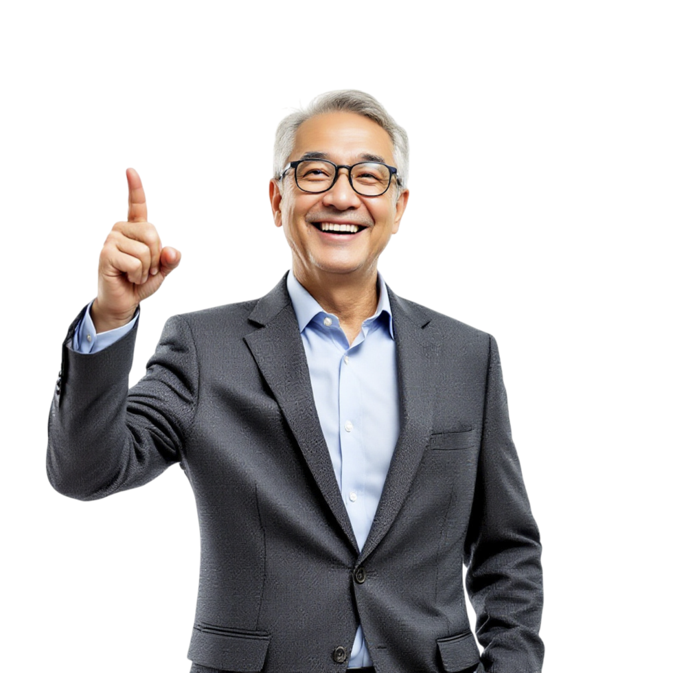 A man in a suit and glasses is pointing at something png