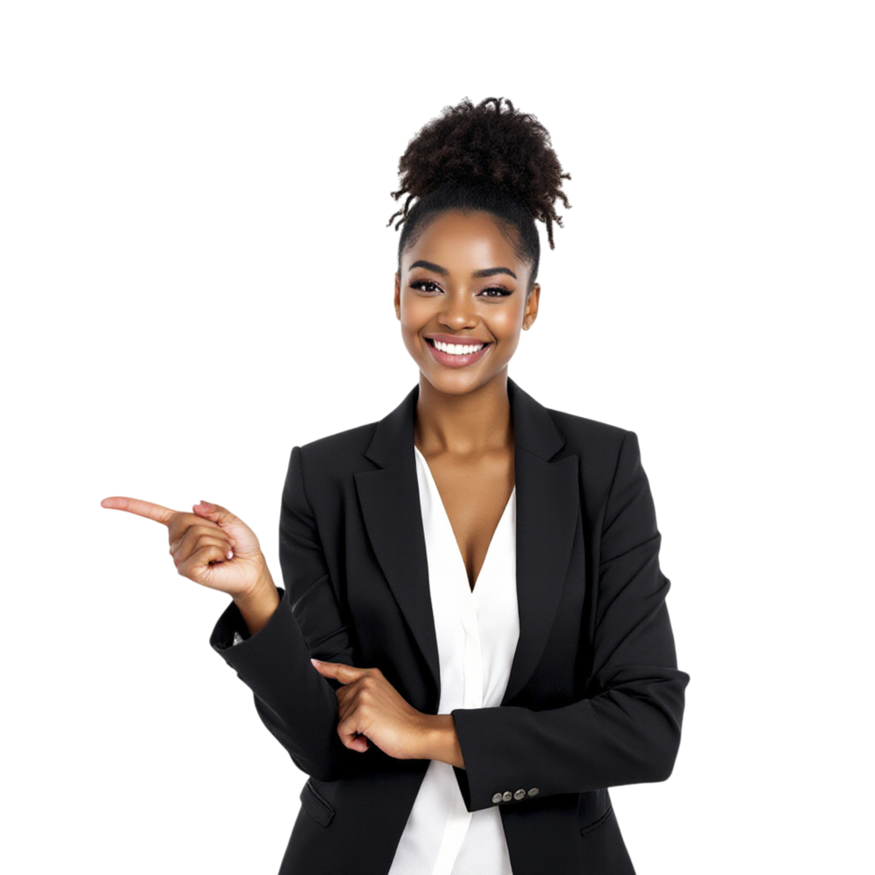 A young african american woman in a business suit pointing at something png