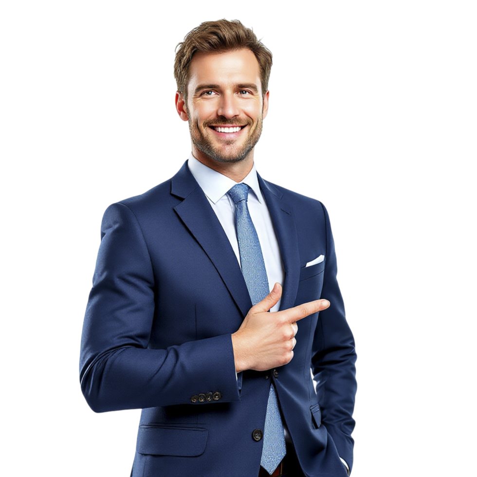 A man in a suit pointing at something png