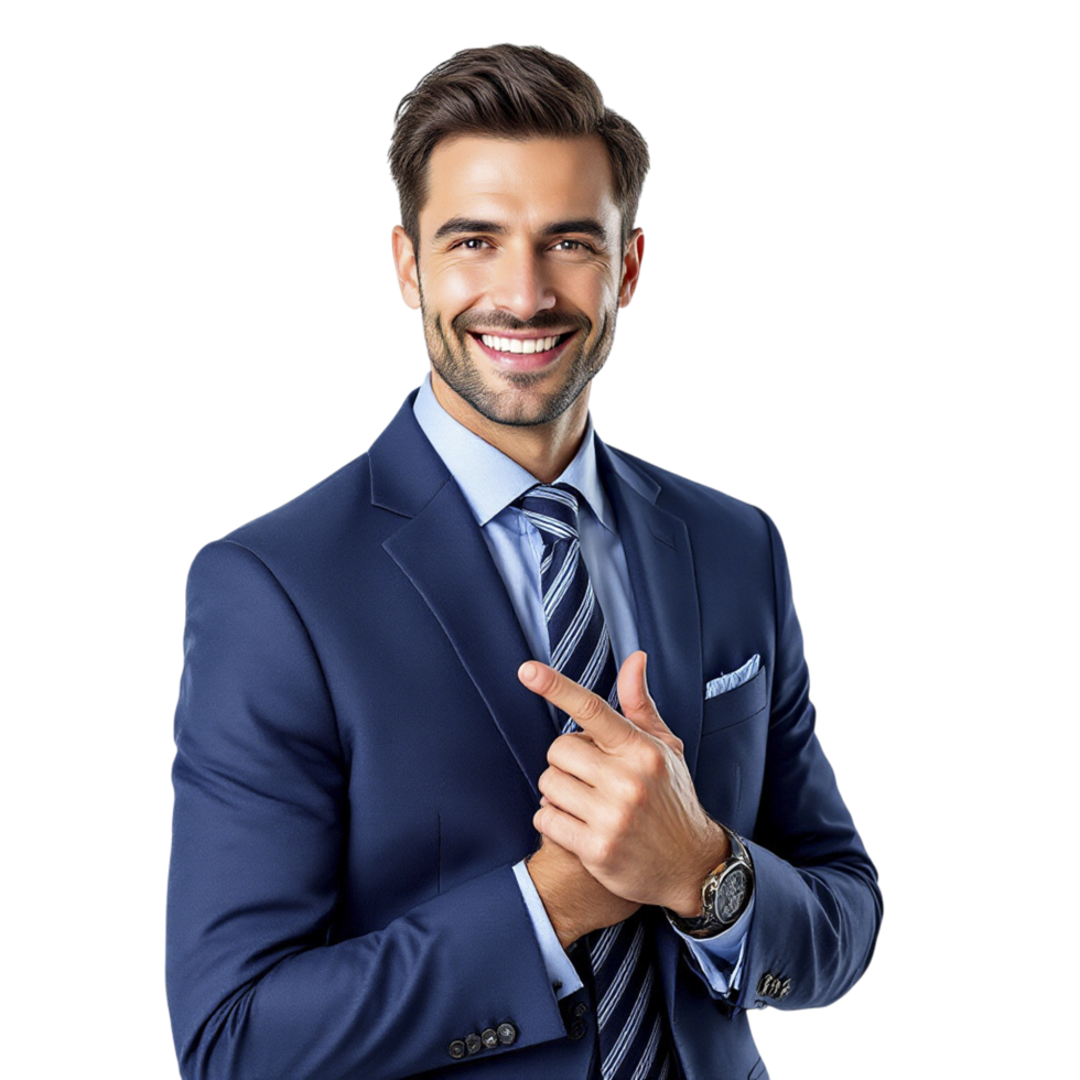 A man in a suit is pointing his finger png