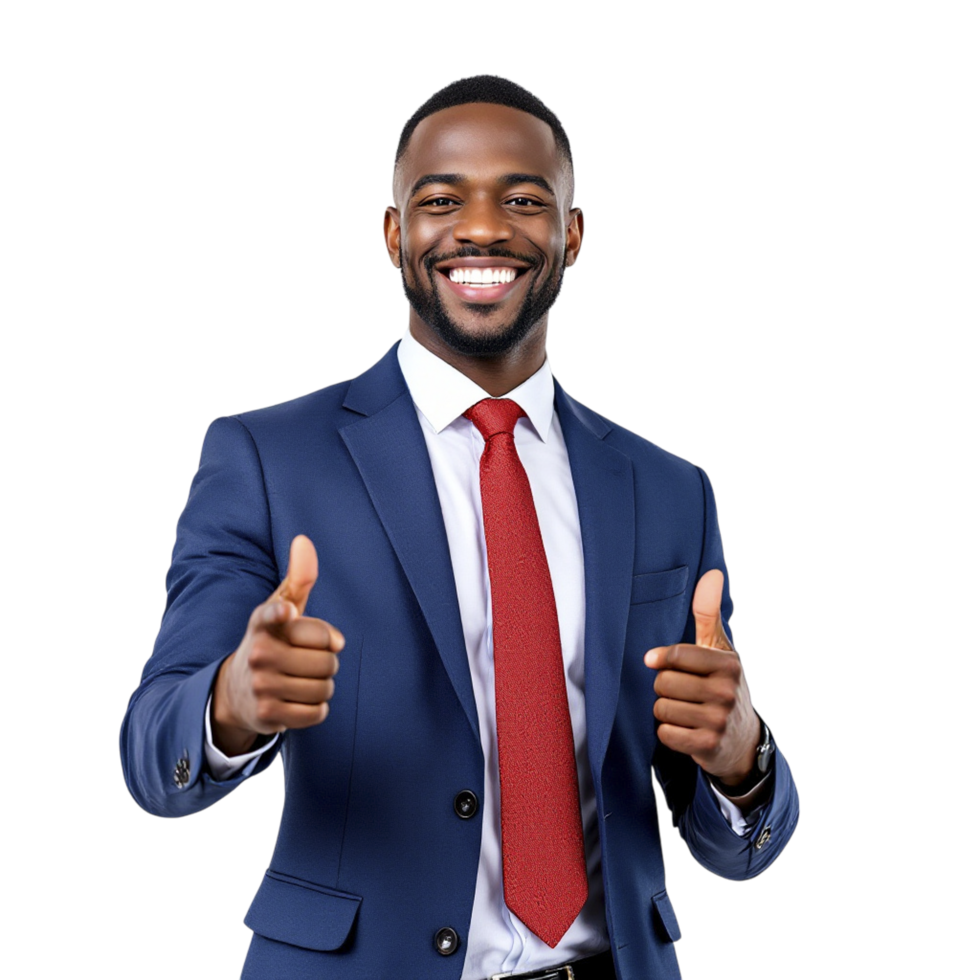 A smiling black man in a suit and tie giving the thumbs up png