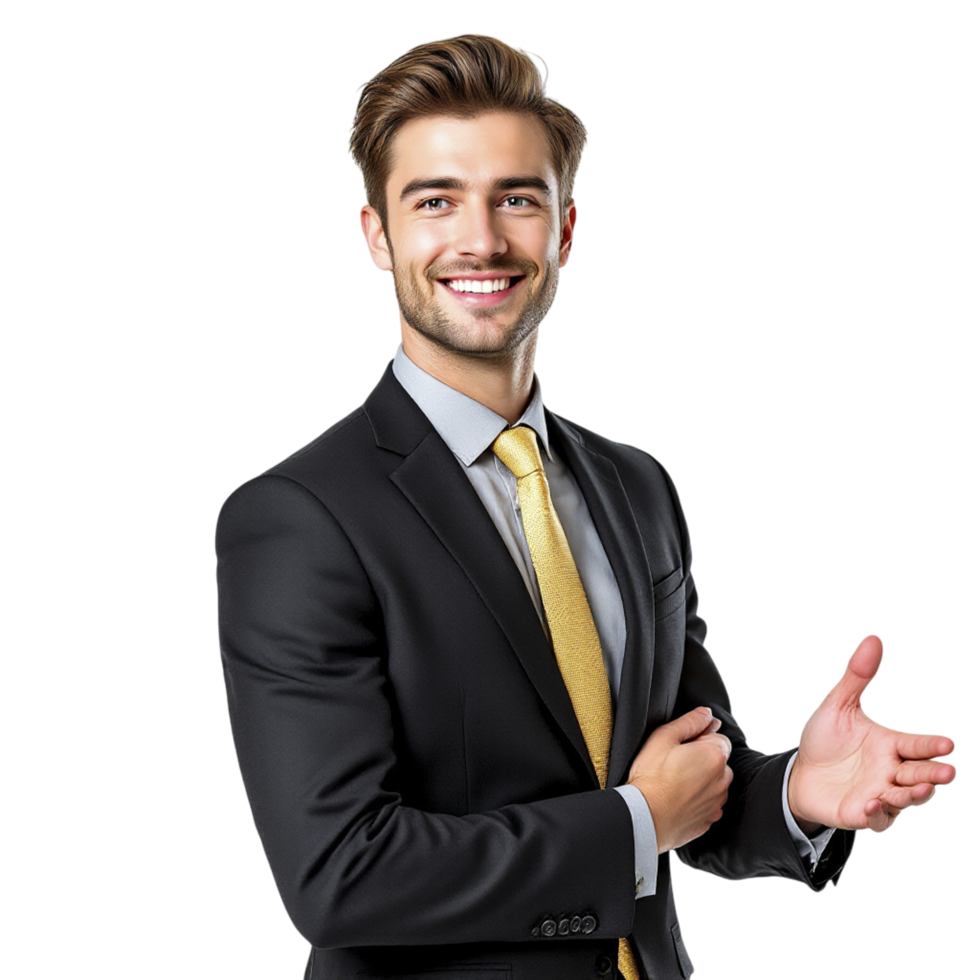 A man in a suit is gesturing with his hands png