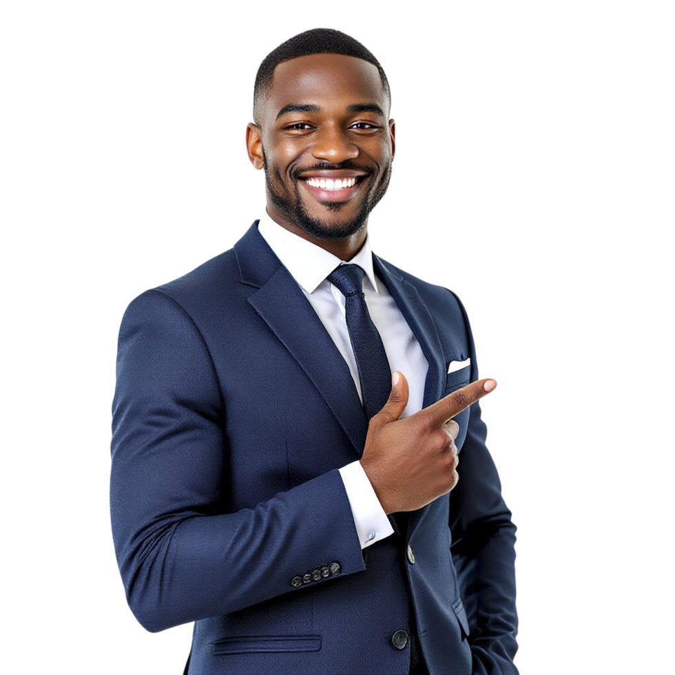 A smiling black man in a suit pointing at something png