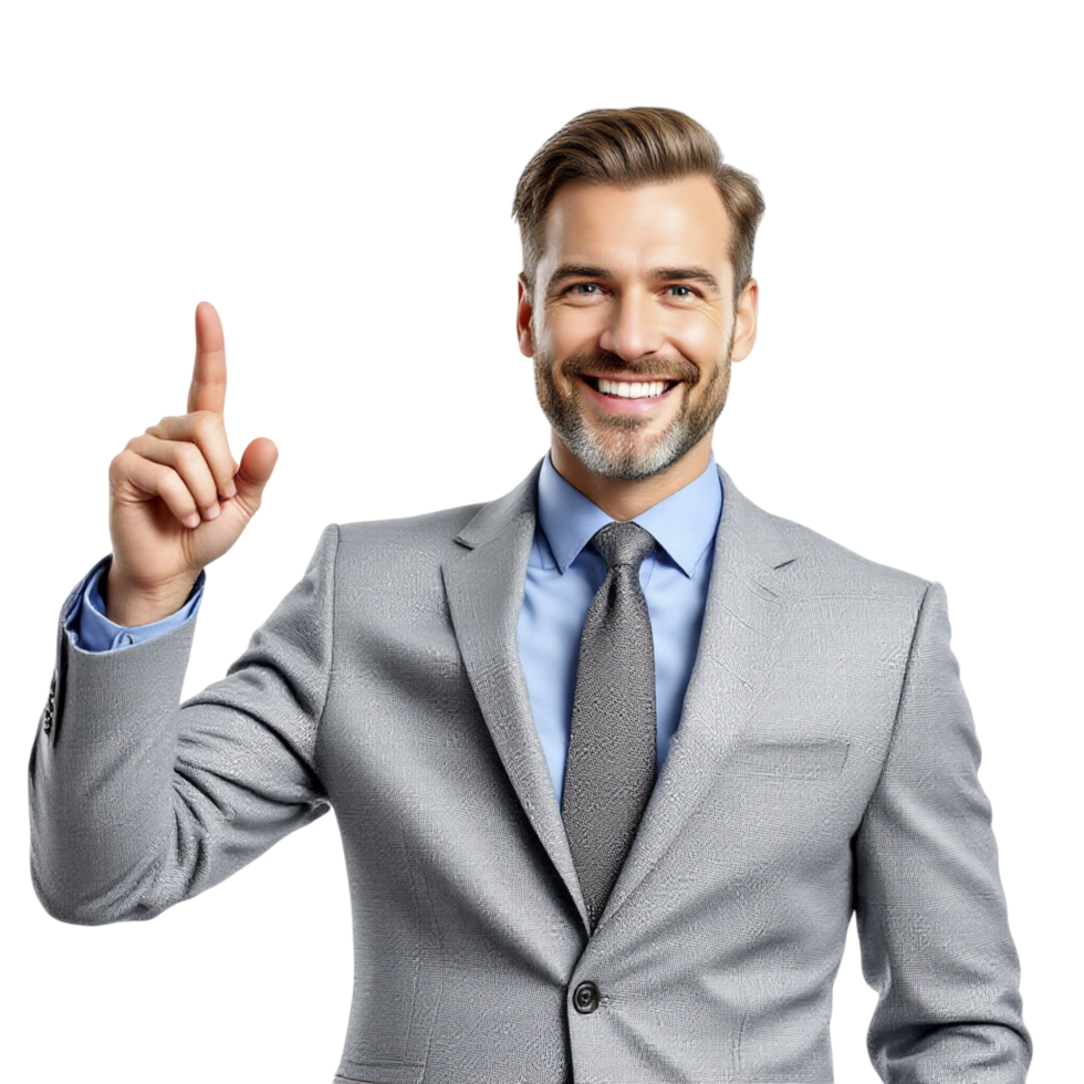 Business, technology, technology and business concept - smiling businessman pointing finger on black background png