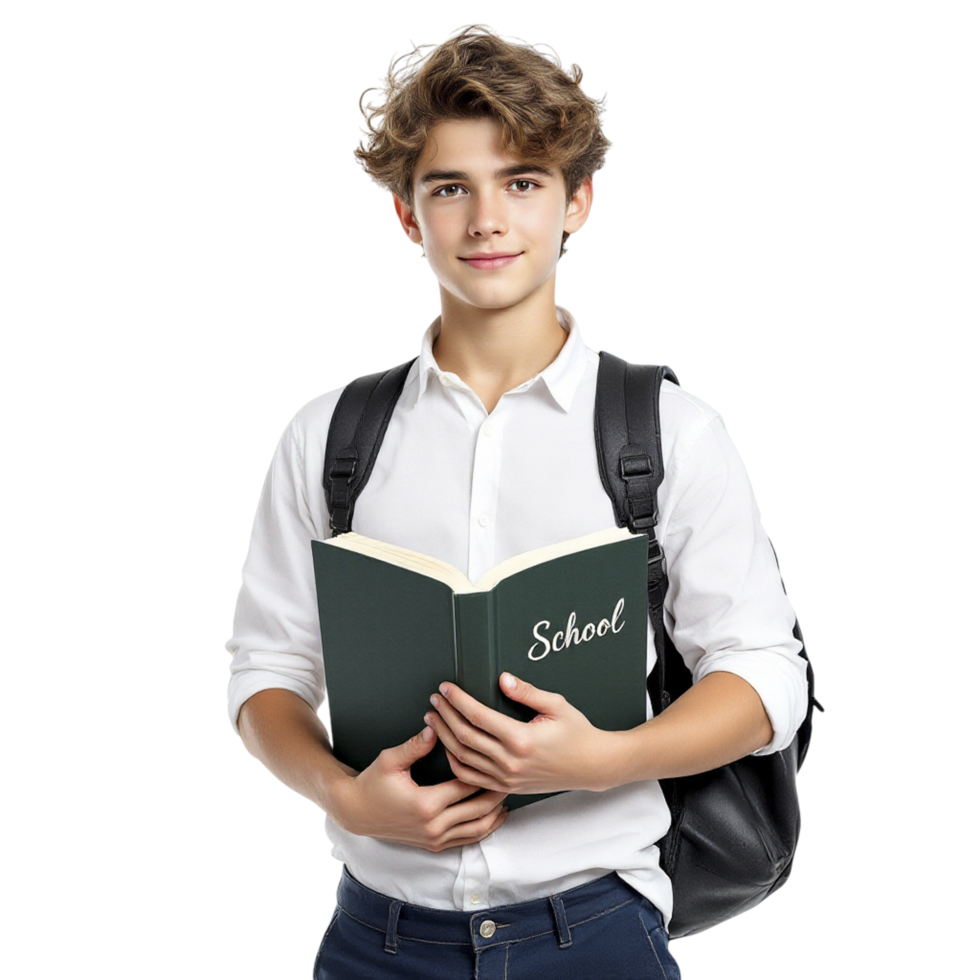 A young man holding a book with the word school on it png