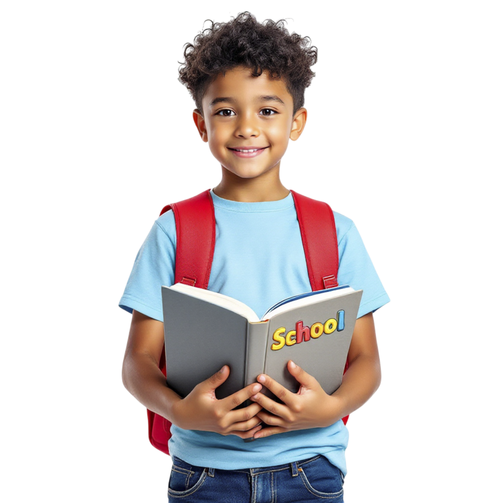 A young boy holding a book with the word school on it png