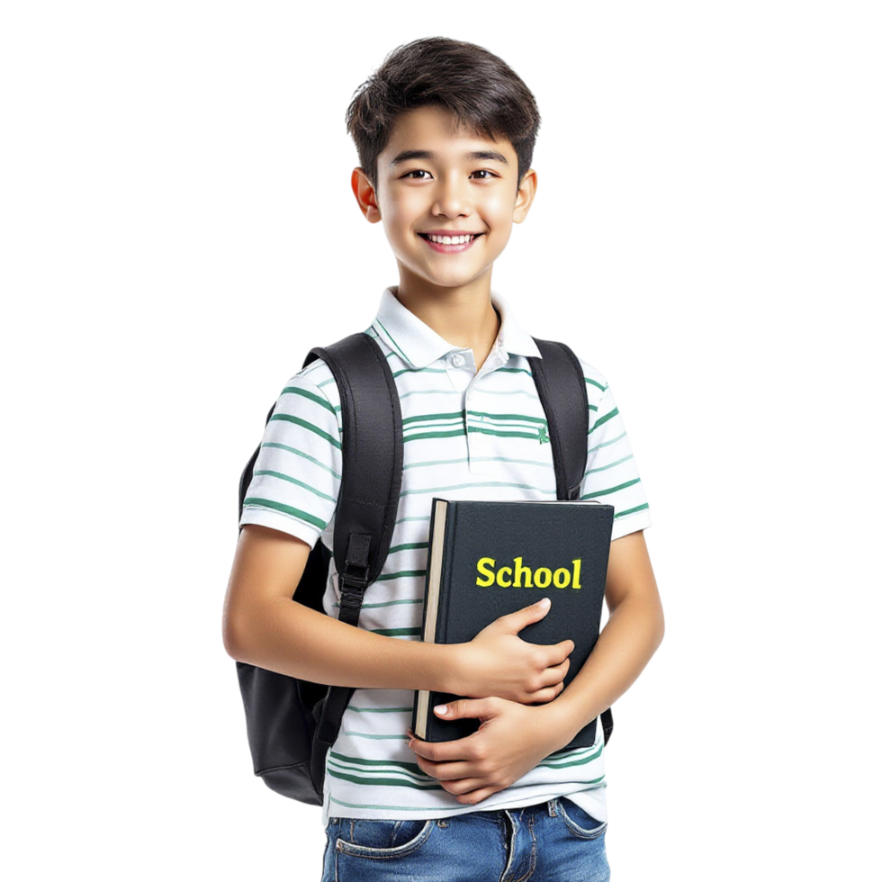 A boy holding a book with the word school on it png
