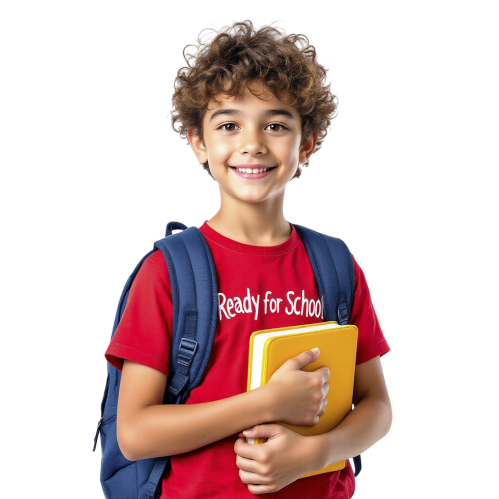 A boy in a red shirt holding a book and a backpack png