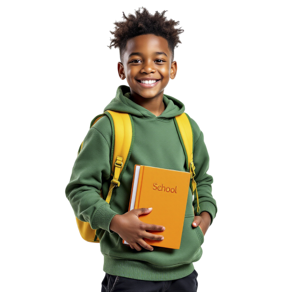 A young boy in a green hoodie holding a book png