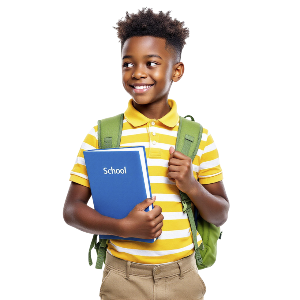 A young boy holding a school backpack png