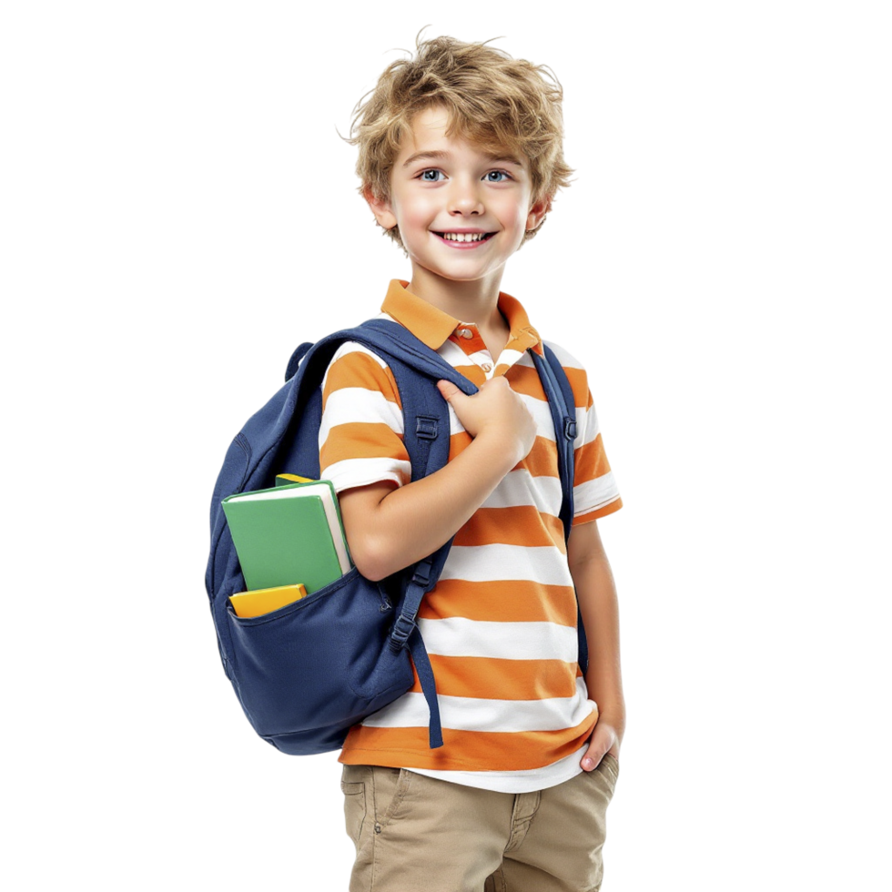 A young boy with a backpack and books png