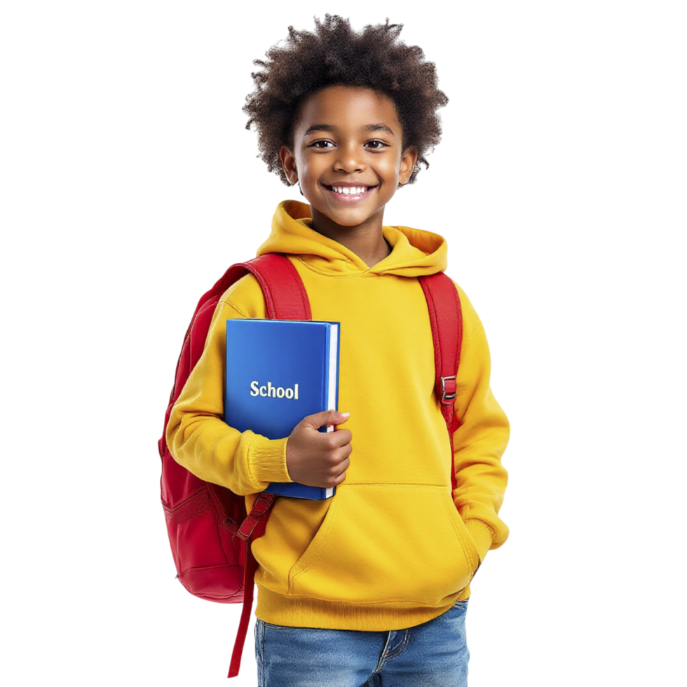 A young boy in a yellow hoodie holding a book and a backpack png